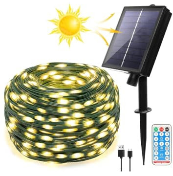 Catena luminosa di 300 microled 30 METRI led ad energia solare e USB con picchetto a pannelli da esterno per albero di Natale decorazioni eventi matrimoni feste(Cavo verde Luce calda 30 metri)