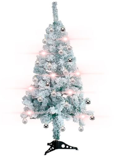 AC - Árbol de Navidad Nevado - Decorado con Set de 16 Bolas Color Plata y Luces Leds Navideñas a Pilas Blancas (240 Leds) - Altura del Árbol: 120 cm - Fácil Montaje