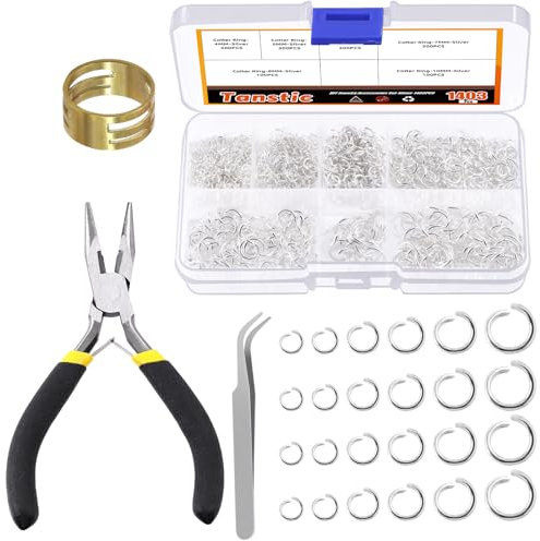 Tanstic 1403Pcs Silver Open Jump Rings Kit, 4mm, 5mm, 6mm, 7mm, 8mm, 10mm Jewelry Jump Rings with Jump Ring Opener, Jewelry Pliers and Tweezer for Jewelry Making