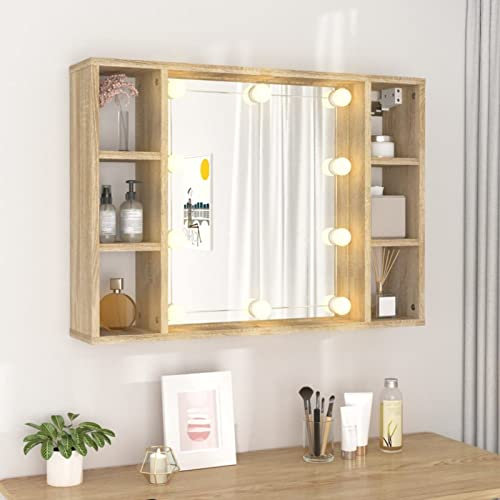 Homgoday Schminktisch mit Lichtern, Wandtisch, Schminktisch mit Spiegel und LED-Lichtern mit einstellbarer Helligkeit, Schminktisch für Mädchen, mit Fächern, modern, klein, Eiche Sonoma