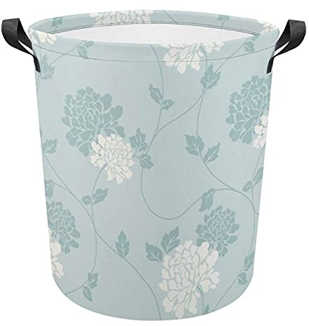 Round Laundry Hamper Duck Egg Blue Flower Bin For Clothes Washing With Handles Storage Basket For Clothes Folding Washing Bin, For College, Room, Bathroom