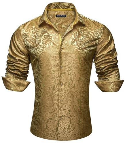 Barry.Wang Men Dress Shirt Silk Luxury Paisley Floral Long Sleeve Big and Tall Wedding Party Casual Business Formal Shirts Gold S-3XL