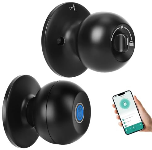 LeeRong Biometric Smart Lock Fingerprint Self Locking Door Knob Interior Bluetooth Safety Door Knobs,Black,App Control,Automatic, Rechargable,Thumbprint Door Handle for Bedrooms,Hotel,Office,Garage