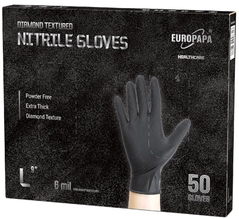 EUROPAPA 50x guantes de nitrilo extra gruesos DiamantGrip guantes desechables negros y naranjas guantes de protección de montaje guantes de trabajo sin polvo y sin látex (L, Negro)