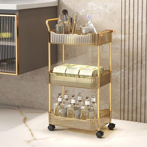Wiodeiv Acrylic Storage Trolley, Bathroom Kitchen Rolling Utility Cart Mobile Organization Shelves with Handle And Lockable Wheel,Gold,3 Tier