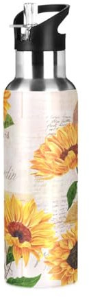 Ksajwzf Borraccia termica vintage gialla in acciaio inox, per bambini, con coperchio con cannuccia, per primavera e autunno, a prova di perdite, per ciclismo, corsa, passeggiate all'aperto, 590 ml