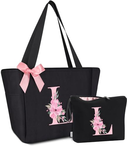 Vavabox A-Z Handtasche Damen,Personalisiert Initialen Tote Bag Set,Geburtstag Brautjungfern Geschenke Für Frauen (L, Schwarz)