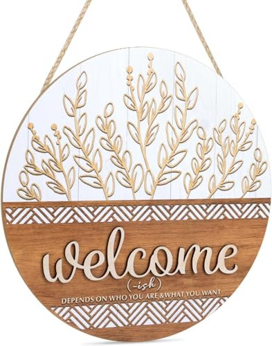 CHDITB Welcomeish Sign,3D Welcome Sign Front Door,Boho Outdoor Wreath Sign Hanging,Wreath for Front Door,Plant Leaf Welcome Wreaths Home Decor,Rustic Farmhouse Outdoor Wall Decor for Porch Garden Home