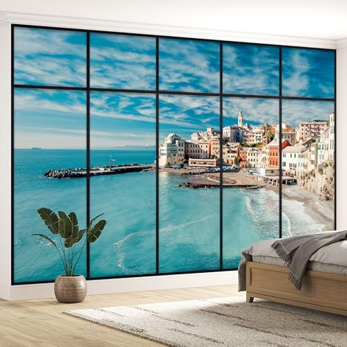 Papier peint panoramique Trompe l'oeil Verrière - Vue mer - Largeur 260 cm x Hauteur 164 cm