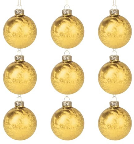Truevaste 9 Glas-Weihnachtskugeln, Goldene Christbaumkugeln ∅ 8 cm, mit Spezieller Federmalverfahren, Weihnachtsdeko für Festtage und Partys