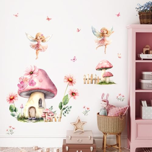 Tanlaby Pilze Feen Wandaufkleber Genie Mädchen Wandsticker Blumen Pilzhaus Schmetterling Wanddeko Abnehmbar Wandkunst Aufkleber für Babyzimmer Kinderzimmer Schlafzimmer Wohnzimmer