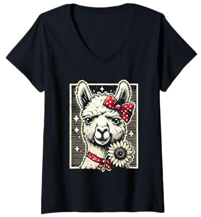 Damen Lama Sonnenblume Bandana Llamas Tierliebhaber T-Shirt mit V-Ausschnitt