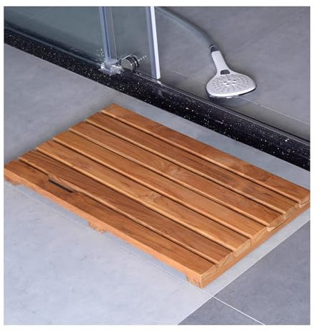Rutschfeste Dusch- und Badematte aus Teakholz, für drinnen und draußen, Spa, Sauna, Camping, dunkles Khaki, 50 x 60 cm