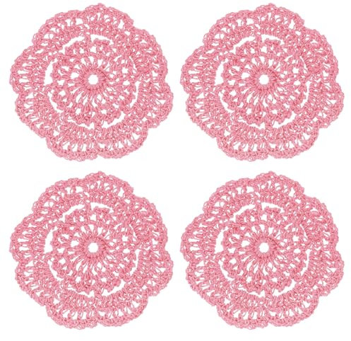 sourcing map Häkeldeckchen, 4 Stück, 10,2 cm, Baumwolle, gewebter Stoff, Spitze, rund, handgefertigt, Untersetzer mit Blumenmuster für Hochzeit, Party, Dekoration (Grau-Rosa)
