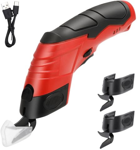 Gugxiom Elektrische Schere, Teppichschneider mit 2 austauschbaren Klingen, Schnurlose Elektrische Schere zum Schneiden von Stoff/Leder/Teppich/Karton (1 Wolframstahlspitze & 2 Legierungsspitzen & Rot)