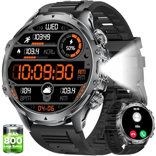 Montre Connectée Homme Militaire, 1,85'' HD Grand Écran/800mAh Batterie/LED Lampe, 5ATM Étanche Smartwatch Homme avec 100+ Modes Sportifs, 24/7 Moniteur de Fréquence Cardiaque et Sommeil Android iOS