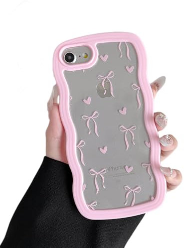 ZTOFERA for iPhone 7/8/SE Case 4.7 inch,Cute Curly Wave Frame Shape Case with Heart Ribbon Bow Pattern, Clear Slim Shockproof Hard PC Bumper Phone Cover for Women Girls, Pink