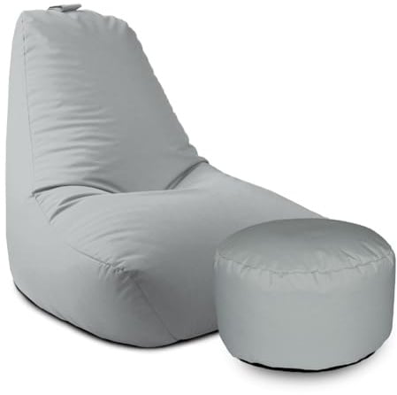 rucomfy Beanbags Large Indoor/Outdoor Bean Bag Chair, Home & Garden Recliner Seat, Durable & Water Resistant 97 x 82 x 80cm (Platinum Grey, with Footstool)