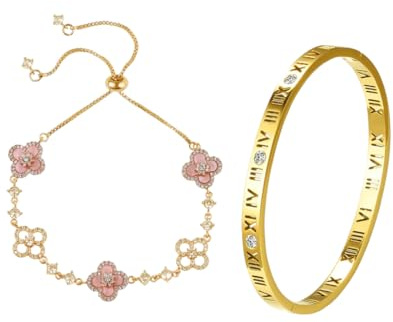 Hanaoops 2 Stück Armband Damen 18K Vergoldet Vierblättriges Kleeblatt Armbander Cubic Zirkonia Armreif Verstellbare Stapelarmbänder Armbänder Set Wasserfester Armkette Schmuck Set für Geschenke