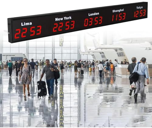 Cashwise Digitale LED-Weltzeituhr, 3/4/5 Städte, mehrere Zeitzonen, Wandmontage, Aluminiumlegierung, für Zuhause, Hotel, Büro, Flughäfen Red-5City