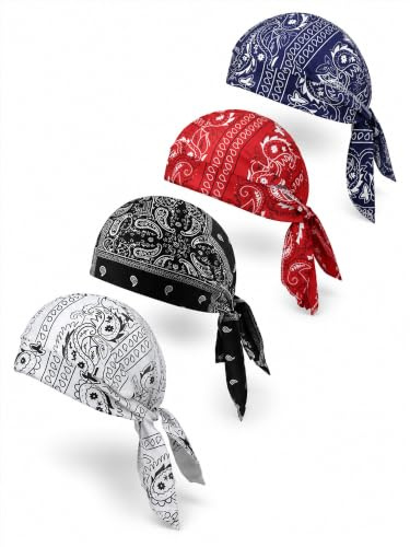 4 Pack Pre-Tied Bandana Head Scarves, Paisley Skull Caps for Men and Women | Soft Breathable Pre-Tied Chemo Caps, Sweat-Wicking Helmet Liner, Outdoor Sports Turban for Smaller Head Sizes