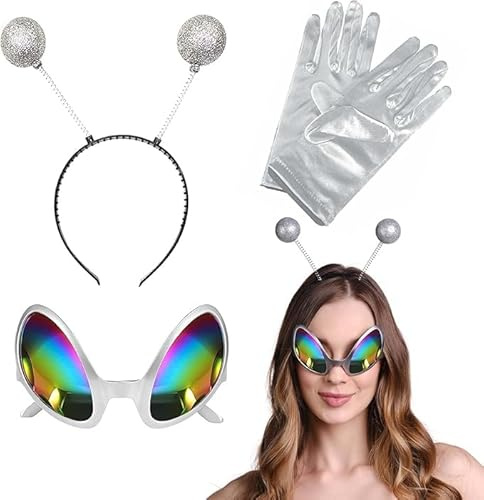JqruiTbeis 3 Stück Alien Kostüm Set - Stirnband, Brille und Handschuhe für Partys und Karneval - Accessoires für Damen, Herren - Atmosphäre und Foto-Requisiten（Silber）