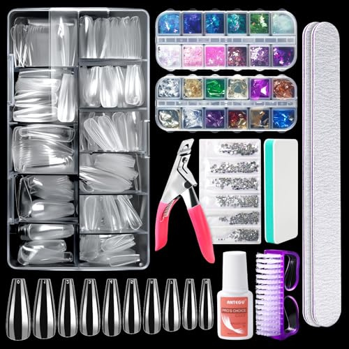 Clear Coffin Nail Tips, Long Acrylic Nail Kit Full Cover Clear Press On Nails, 500 Pcs Fake Nails with Glue, Nail Clipper, Files, Buffer Polisher, Brush, Foil and Butterflies Sequins Stickers
