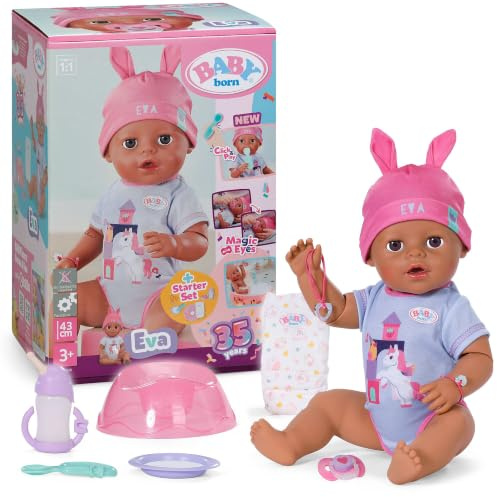 BABY Born Eva 43 cm Babypuppe mit Click & Play, 10 Funktionen | 8 Accessoires inklusive, funktioniert ohne Batterien, bewegliche Arme, ab 3 Jahren