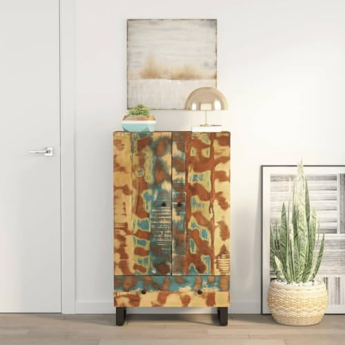 Holamys Highboard mit Schublade, 60x33x100 cm, Massives Altholz & Eisen, Industrie-Design, Recyceltes Holz, Viel Stauraum, für Wohnzimmer und Küche, Einzigartiges Möbelstück