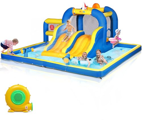 LALAHO Inflatable Bouncy Castle with Dual Slides, Bounce House W/Basketball Rim, Jumping Area, Splash Pool & Ball Target for Indoor & Outdoor Includes 450W Blower, 470x472x225cm