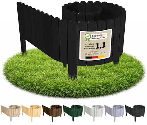 Floranica Bordure Jardin H 10 x L 200 cm Noir Bordurette Bois Flexible | Ganivelle déroulable en pin, bordure de tonte pour pelouse, allées et potager – 5 piquets, faite main en Pologne