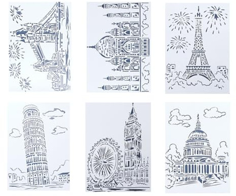 jojofuny Pochoirs Architecturaux Léger et Portable Lot de 6 A4 en Pet Blanc pour Dessin et Graffiti Tableau, pour Garçon et Filles et Créatifs