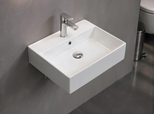 Aqua Bagno 50 cm kleines Waschbecken Keramik - eckiges Hängewaschbecken | runder Überlauf, Hahnlochbohrung , 42 cm Tiefe, Gäste WC Waschtisch, Weiß, Handwaschbecken