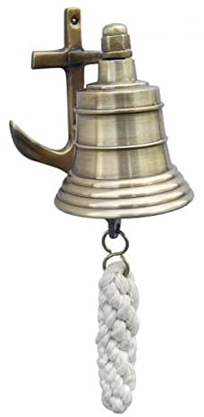 linoows Schiffsglocke mit Wandhalter als Anker, Wand Glocke, Altmessing Ø 5,5 cm