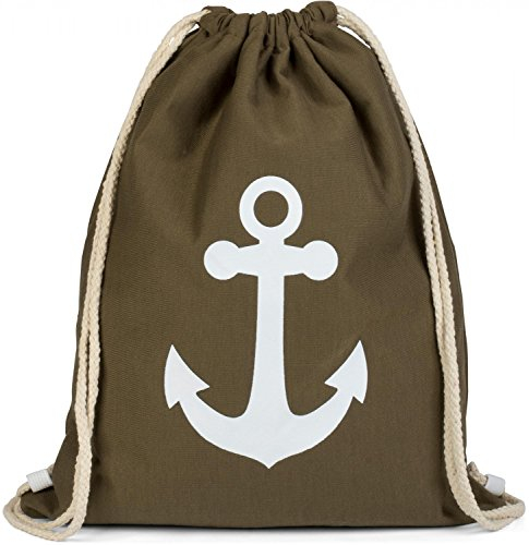 styleBREAKER Turnbeutel Rucksack mit Anker Print, Sportbeutel, Unisex 02012089, Farbe:Oliv/Weiß