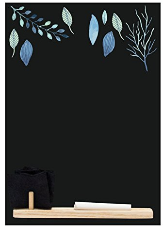 Chalkboards UK HCB008 Blue Leaf' Small Memo Black Chalkboard/Blackboard/Kitchen Chalk Board with Tray, Piece of Chalk & Felt Eraser. Booth Design Range, Wood, 29.7 x 20.7 x 1 cm