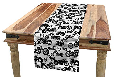 ABAKUHAUS Motorrad Tischläufer, Retro Chopper Entwurf, Esszimmer Küche Rechteckiger Dekorativer Tischläufer, 40 x 300 cm, Weiß und Schwarz