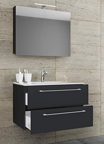 VCM 3-TLG. Waschplatz Waschtisch Badmöbel Set Waschbecken Badinos Schublade Spiegel 60, Schwarz