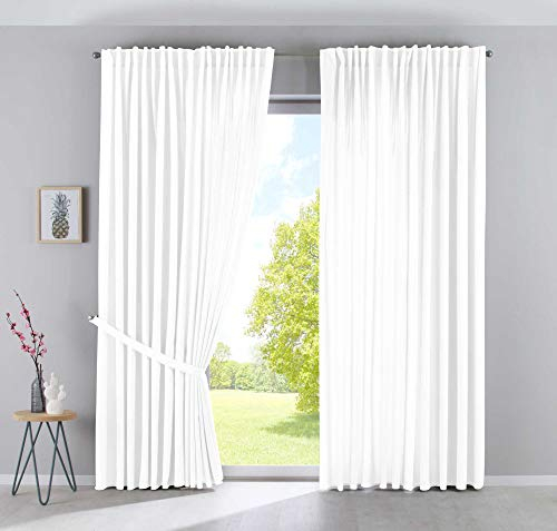 2er Set Vorhänge Verdeckte Schlaufen Cationic »JENA« HxB 250x300 cm Weiß Blickdicht Leinen Optik Gardinen Meliert Gardinenband mit Raffhalter, 2019037-2