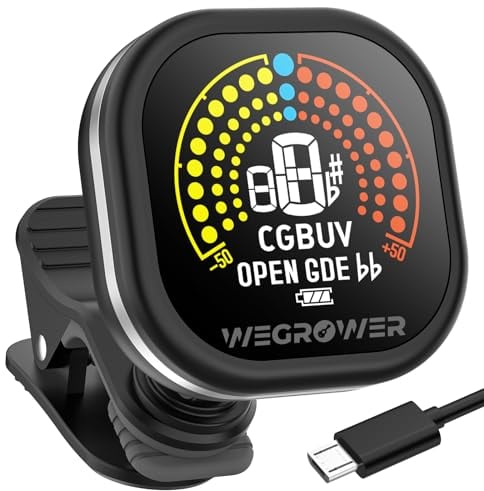Guitar Tuner Rechargeable, Clip On Tuner with LCD Color Display with Guitar, Ukulele, Violin and Chromatic Tuning Modes for All Stringed Instruments