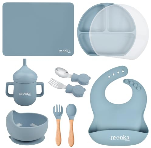 Baby Feeding Set by MONKA - weaning Set of 10 - Suction Bowl and Plate with lid - Two Pairs of Cutlery for Babies and Toddlers - 2 in 1 Drinking Cup - Adjustable bib - Table mat - BPA Free