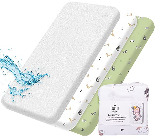 GOTS Fitted Sheet 2+1 Organic Cotton Waterproof Compatible with Next2me, Snuzpod and All Bedside Bedside Bedside Bassinet up to 90 x 55 cm (35.4 x 22.5 inches) 3 Pack