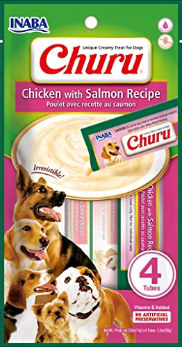 INABA Churu Hundeleckerli Keine Nebenerzeugnisse Creamy Snack, Getreidefrei, Zuckerfrei, Kalorienarm, 100% natürliches Fleisch mit Huhn & Lachs 56 g (1er Pack)