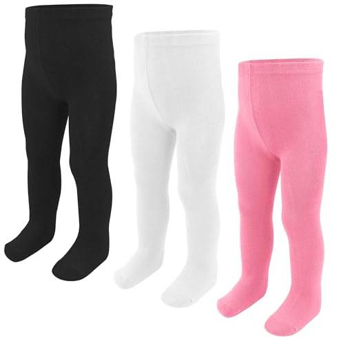 Collants pour bébé fille, lot de 3 collants/bas en coton pour nouveau-né 0-24 mois, leggings tricotés bas pour tout-petit enfant, noir et blanc, Noir/blanc/rose, 0-9 mois