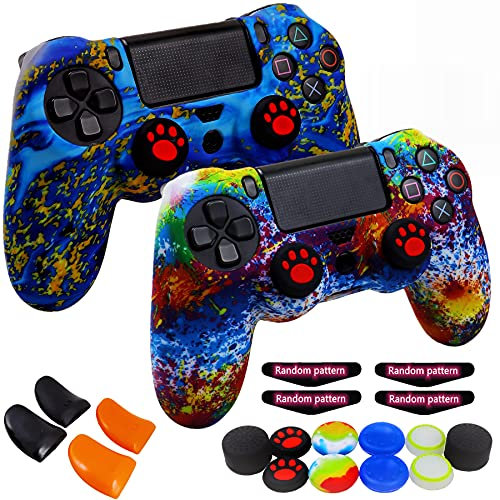 Silikon-Schutzhülle für PS4-Controller, 2 Stück rutschfeste Schutzhülle mit 10 Joystick-Griffen, 2 Paar L2 R2, 4 LED-Lichtleisten für Playsation 4/Slim/Pro Dualshock 4 Controller Wireless Gamepad