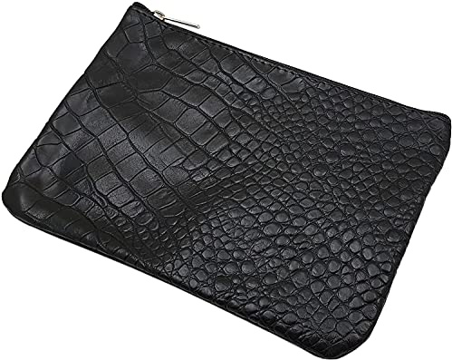 myledershop XL Kalbsleder Banktasche mit 1 Reißverschlussfach in Schwarz | Krokodil-Prägung, Bankmappe, Geldmappe, Geldtasche, Geldbörse, Portemonnaie