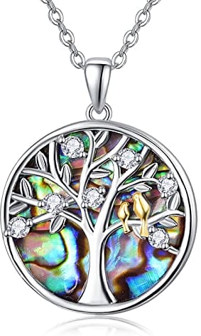 TANGPOET Tree of Life Necklace 925 Sterling Silver Abalone Tree of Life Pendant Family Tree Pendant Necklace with Bird Valentines Day Jewellery Gifts for Women Family Friends
