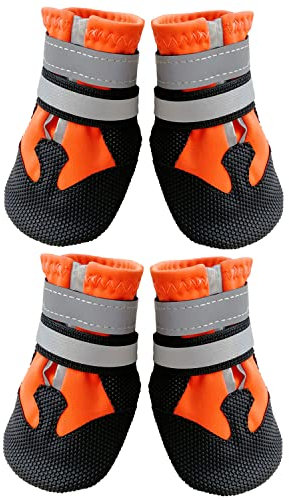 AMOMYDOG Hundeschuhe, 4 Stück Atmungsaktive Hunde Schuhe Outdoor mit Rutschfester Sohle, Verstellbarem Reflektierendem Klettverschluss Hundestiefel für kleine, Mittlere und Große Hunde (Orange, L)