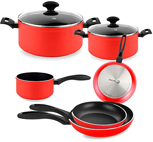 Fagor Maxima Batería Cocina Inducción 8 Piezas Set 2 Cazuelas 20-24 cm, 2 Tapas Cristal, 3 Sartenes 20-24-28 cm, Cazo 16 cm Alumninio Forjado, Antiadherente sin PFOA, Apta Todas Las Cocinas, Rojo
