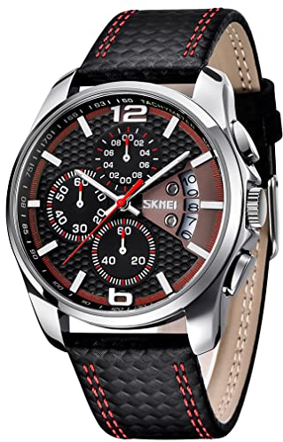 SKMEI Herren-Armbanduhr, schwarzes Lederband, Sport, großes Zifferblatt, luxuriös, wasserdicht, leuchtend, modisch, leger, analog, Quarz, Chronograph, Geschenk für Vater, Rote Zeiger